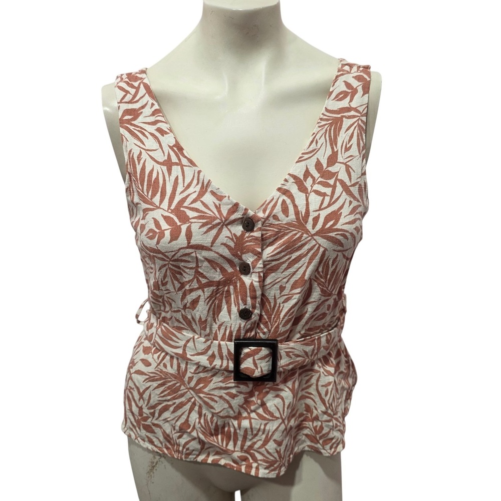 Monteau Los Angeles Large Tropical Leaf Print Peplum Tank Top Belted Boho Y2K